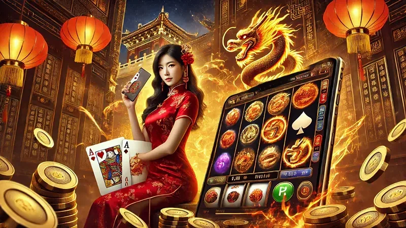 Visual permainan slot bertema dengan reel dan efek cahaya